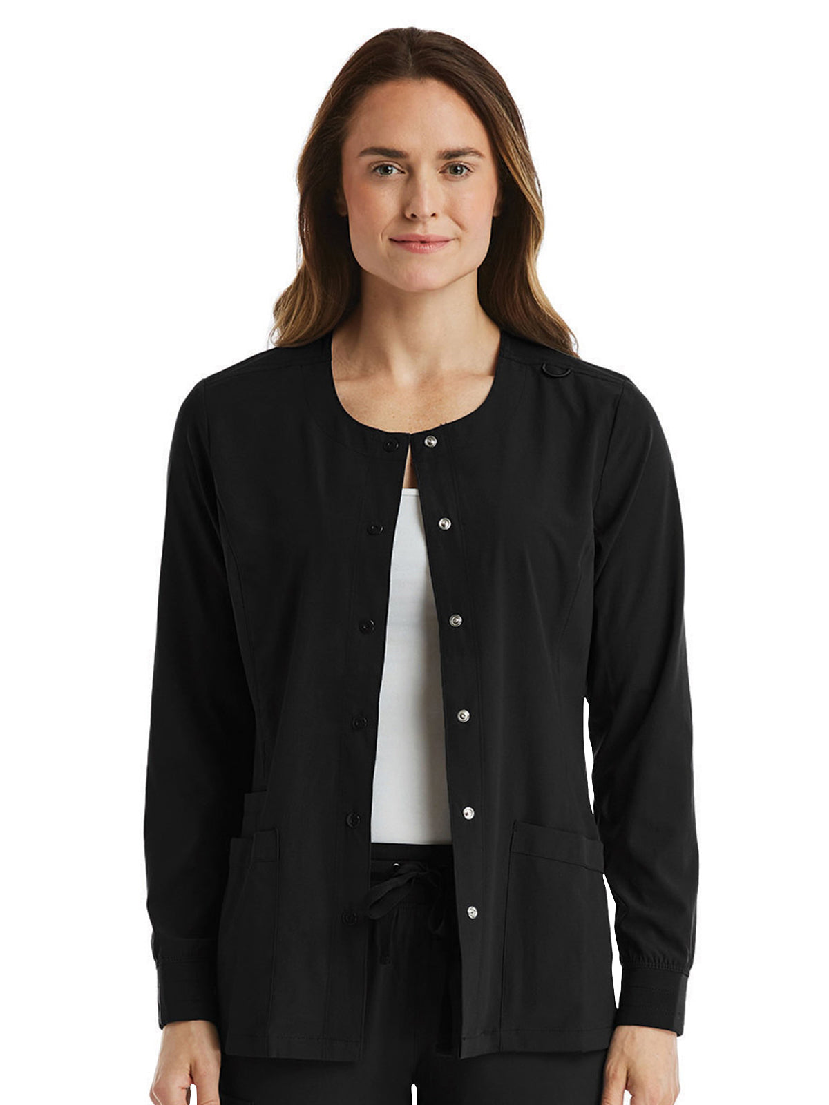 Women's Round-Neck Snap Button Scrub Jacket - SJ301 - Black