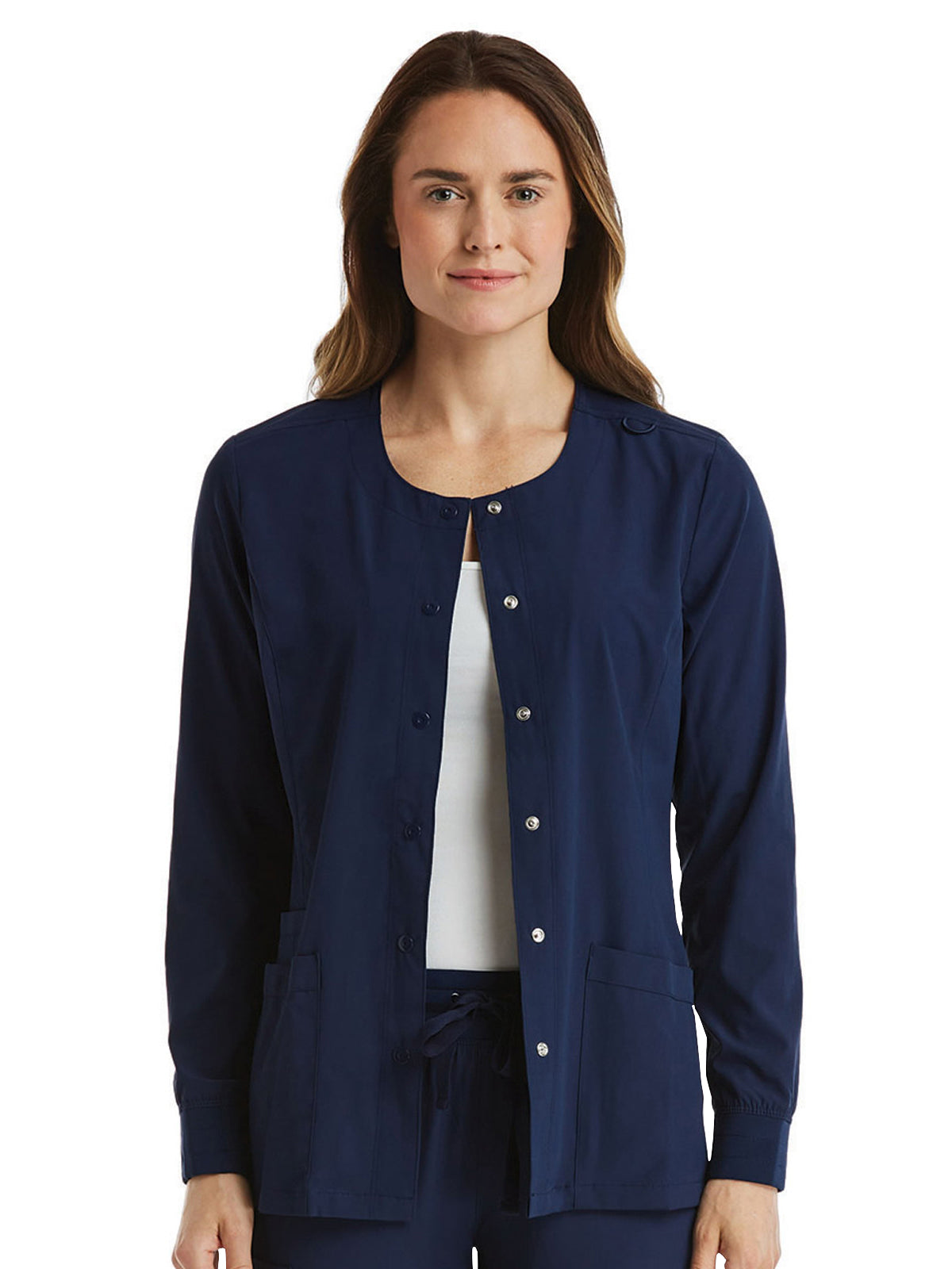 Women's Round-Neck Snap Button Scrub Jacket - SJ301 - Navy