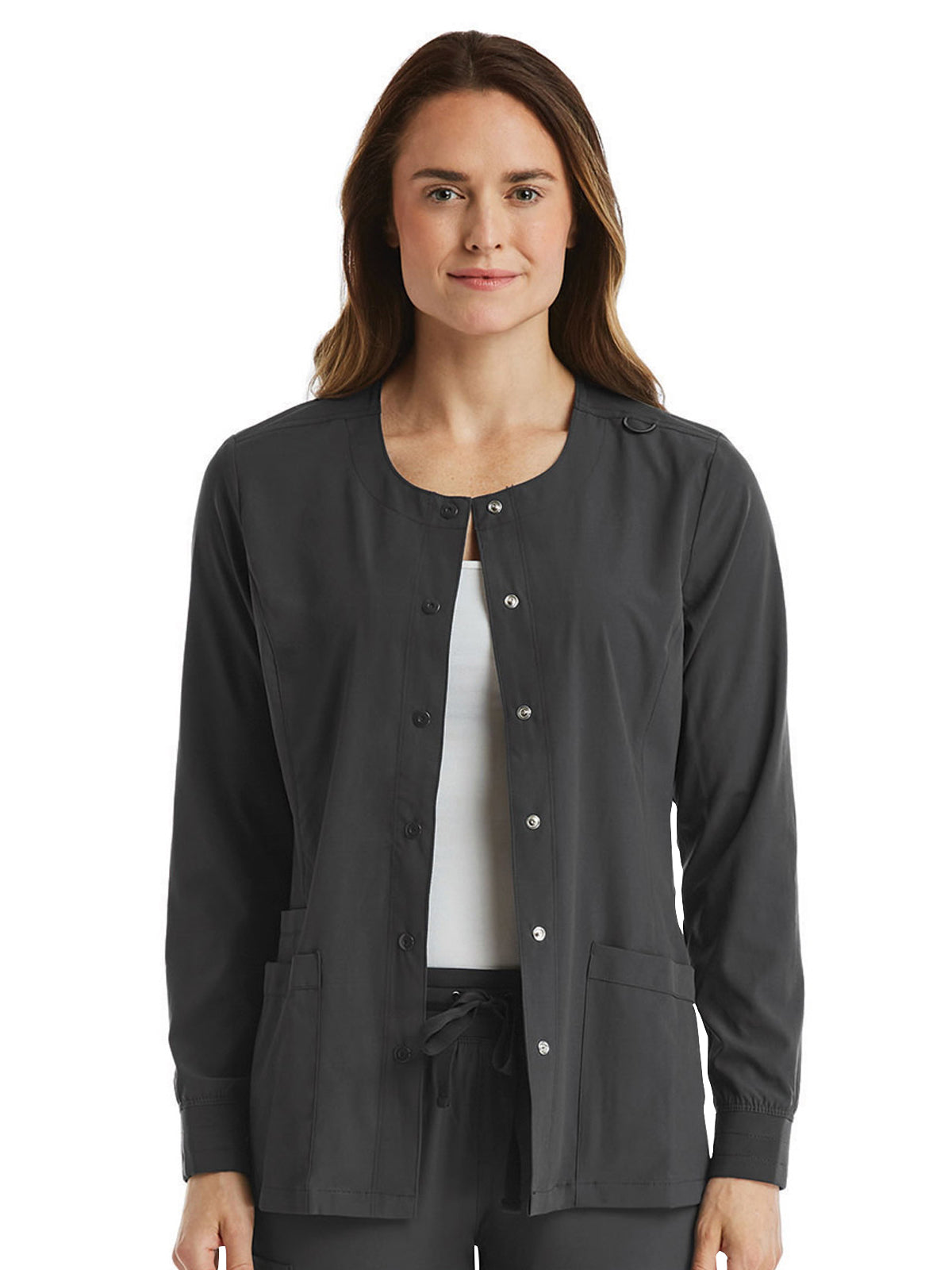 Women's Round-Neck Snap Button Scrub Jacket - SJ301 - Pewter