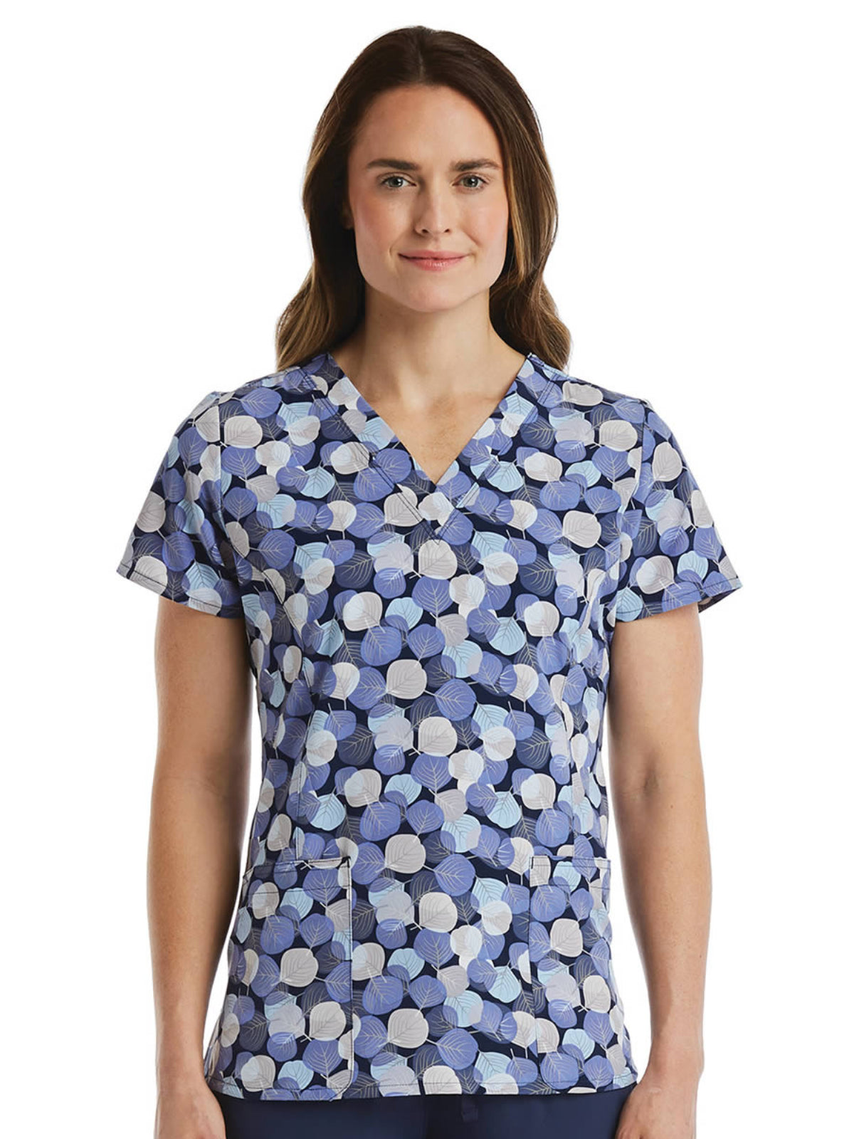 Women's Two-Pocket V-Neck Print Scrub Top - SJP1 - Aspen Leaf