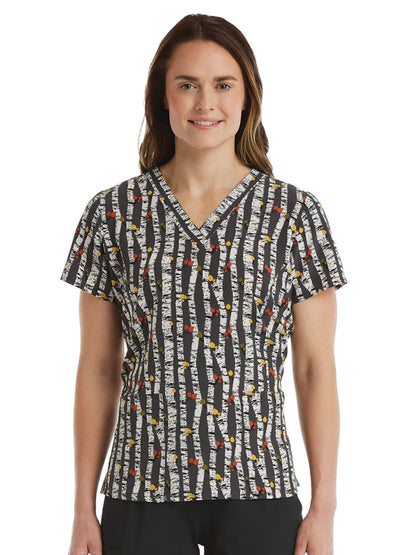 Women's Two-Pocket V-Neck Print Scrub Top - SJP1 - Aspen Tree