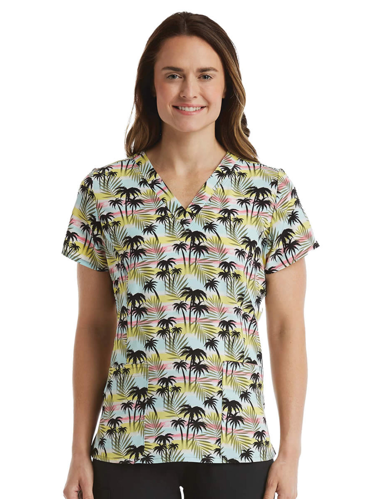 Women's Two-Pocket V-Neck Print Scrub Top - SJP1 - Palm Tree