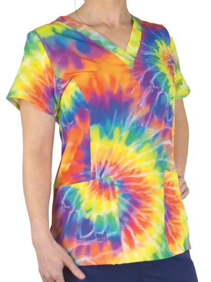 Women's Two-Pocket V-Neck Print Scrub Top - SJP1 - Rainbow Tie Dye