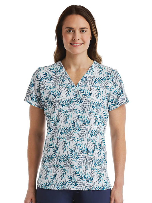 Women's Two-Pocket V-Neck Print Scrub Top - SJP1 - Willow