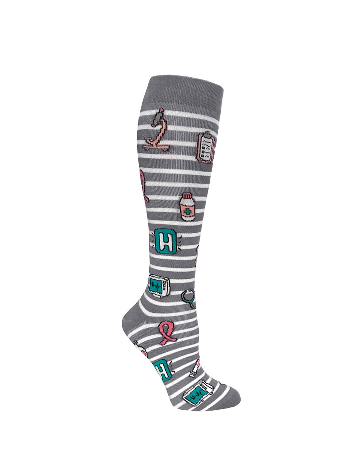 Unisex 12" Premium Knit Compression Socks - 386 - Grey Stripes and Medical Symbols