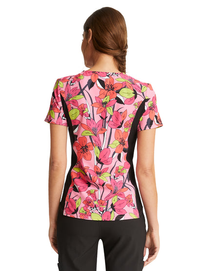 Mixed Media V-Neck Knit Panel Top - CK641 - Retro Blooms