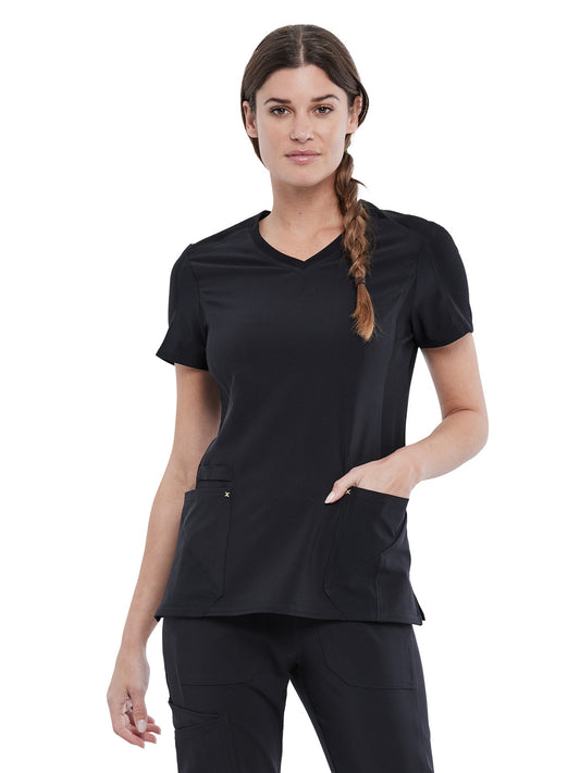 Women's 4-Pocket nitted V-Neck Scrub Top - CK711 - Black