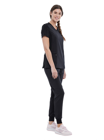 Women's 4-Pocket nitted V-Neck Scrub Top - CK711 - Black