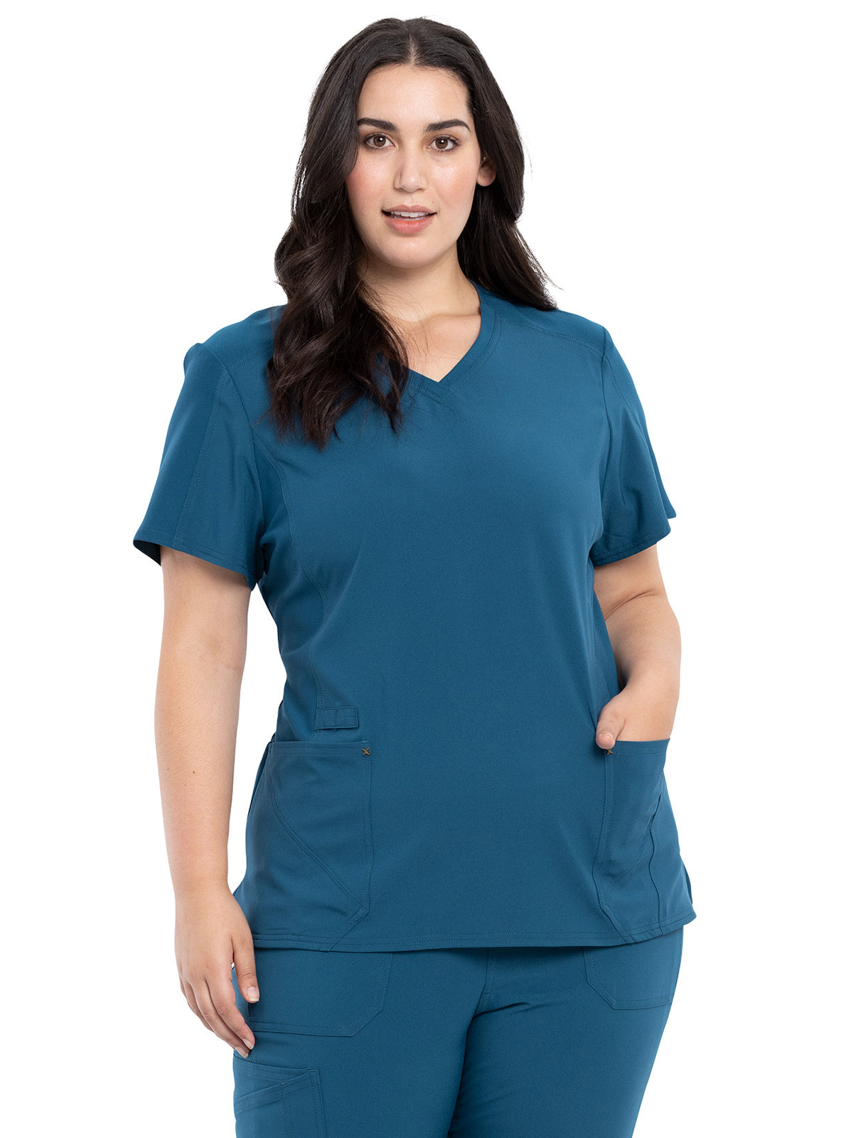 Women's 4-Pocket nitted V-Neck Scrub Top - CK711 - Caribbean Blue