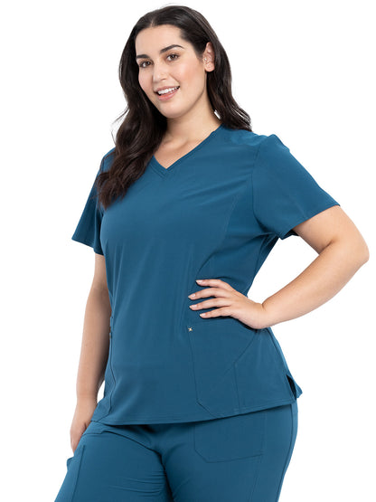 Women's 4-Pocket nitted V-Neck Scrub Top - CK711 - Caribbean Blue