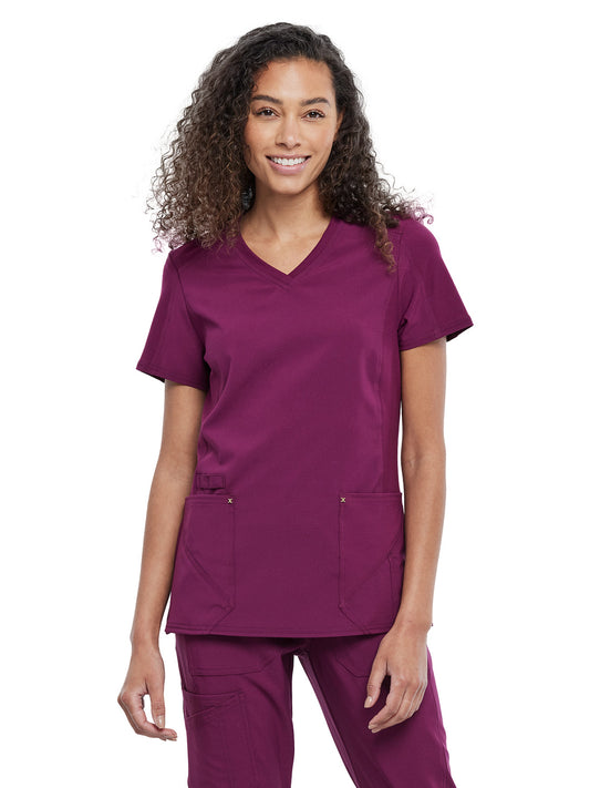 Women's 4-Pocket nitted V-Neck Scrub Top - CK711 - Wine