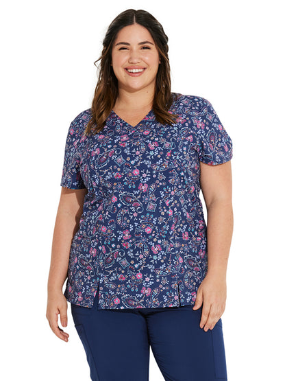 Women's 2-Pocket V-Neck Print Scrub Top - DK656 - Round Of A Paisley