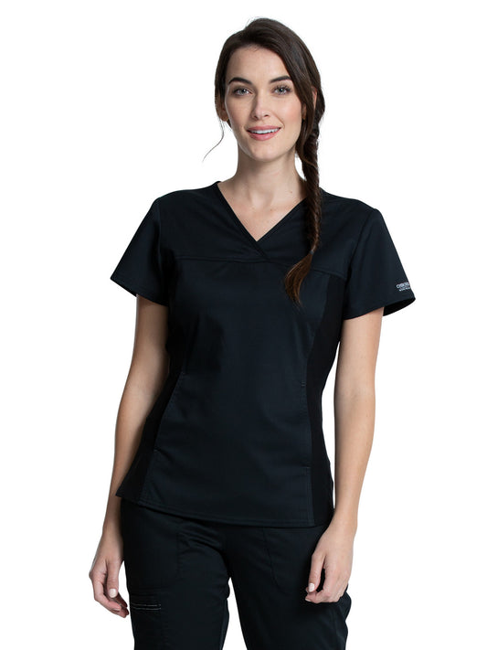 Women's 1-Pocket V-Neck Knit Panel Scrub Top - WW2875 - Black