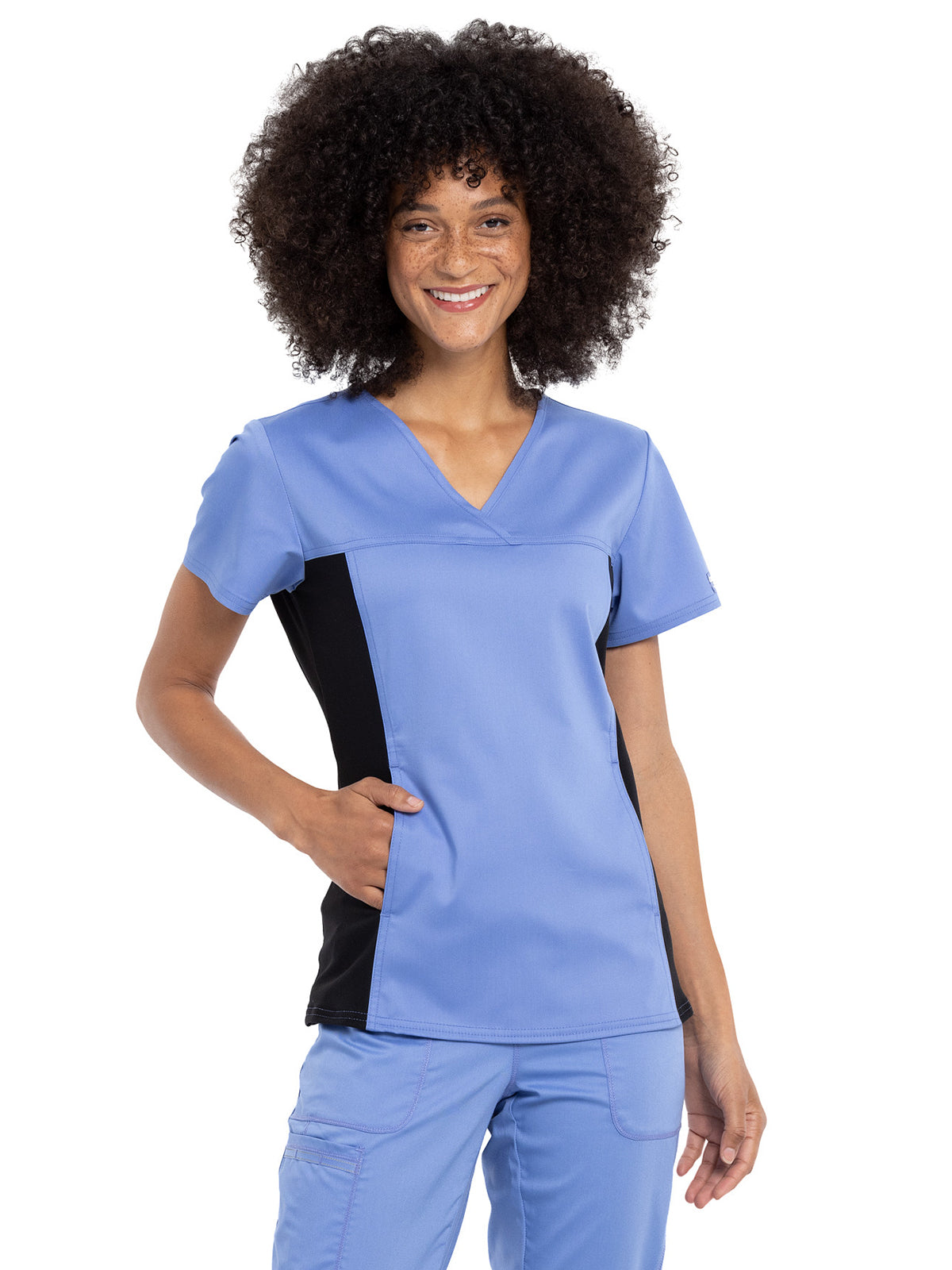 Women's 1-Pocket V-Neck Knit Panel Scrub Top - WW2875 - Ciel