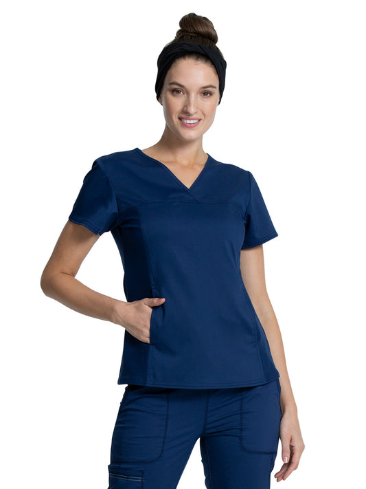 Women's 1-Pocket V-Neck Knit Panel Scrub Top - WW2875 - Navy