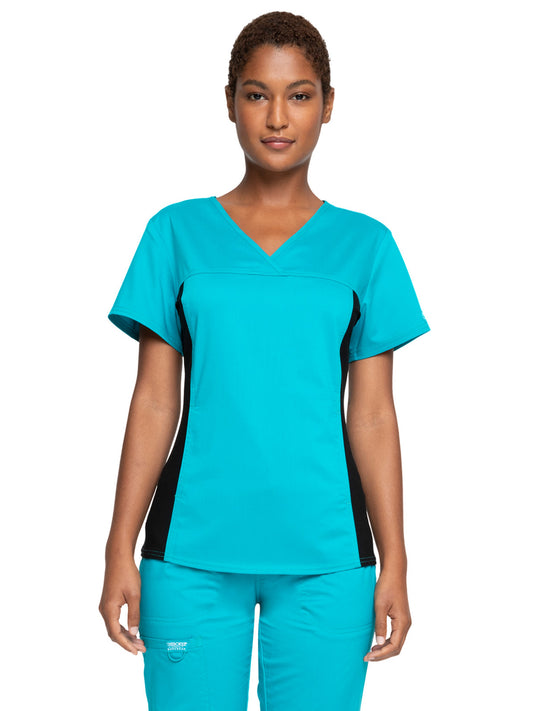 Women's 1-Pocket V-Neck Knit Panel Scrub Top - WW2875 - Teal Blue