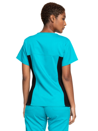 Women's 1-Pocket V-Neck Knit Panel Scrub Top - WW2875 - Teal Blue