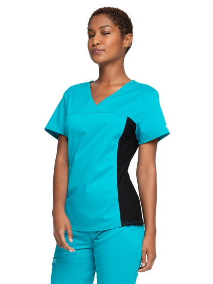 Women's 1-Pocket V-Neck Knit Panel Scrub Top - WW2875 - Teal Blue