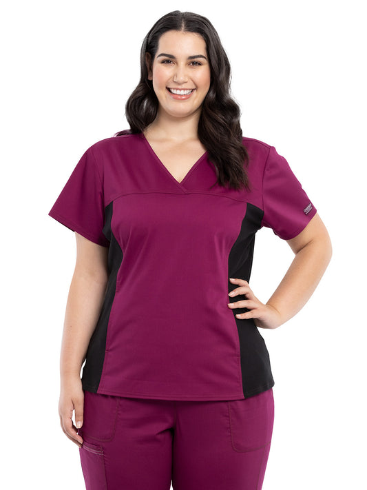 Women's 1-Pocket V-Neck Knit Panel Scrub Top - WW2875 - Wine