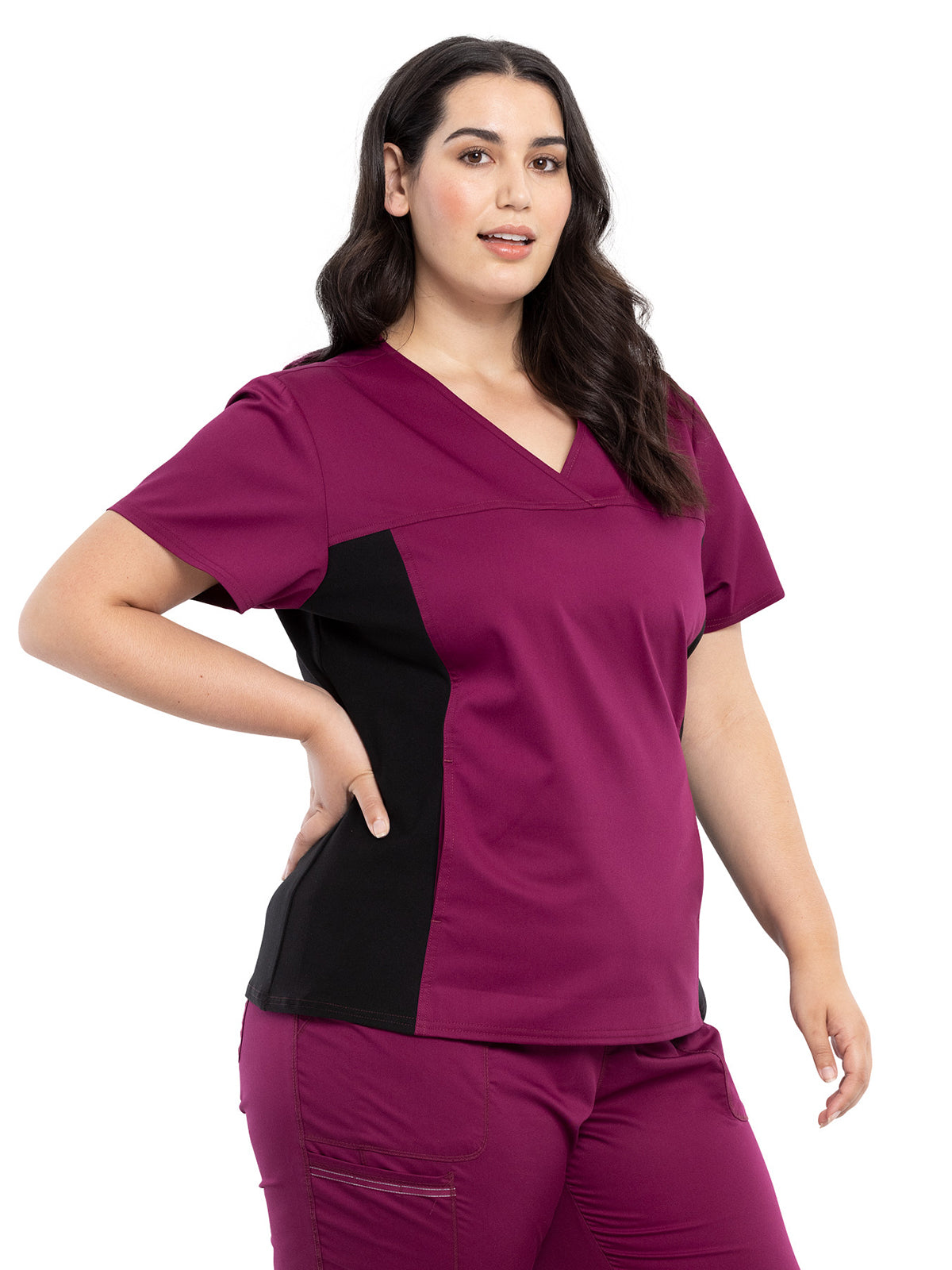 Women's 1-Pocket V-Neck Knit Panel Scrub Top - WW2875 - Wine