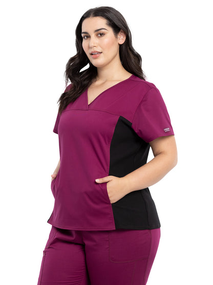 Women's 1-Pocket V-Neck Knit Panel Scrub Top - WW2875 - Wine