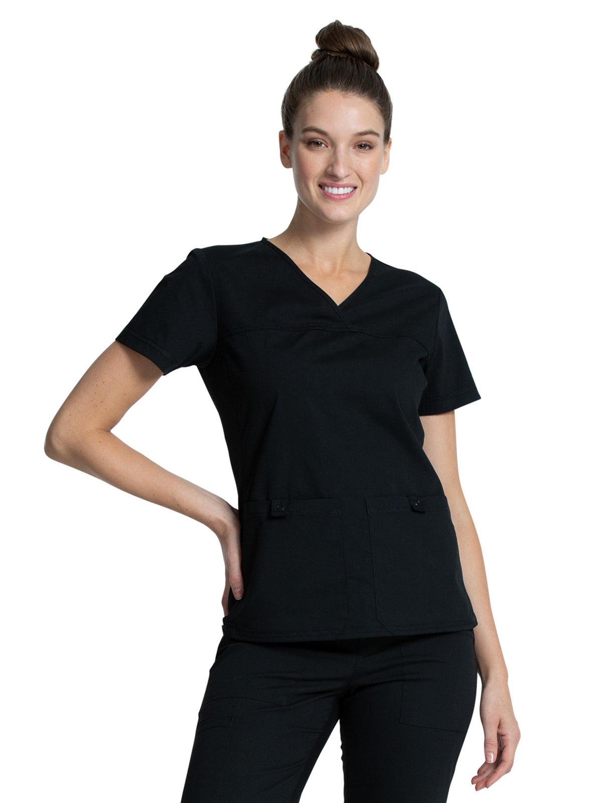 Women's 2-Pocket Knit Panel V-Neck Scrub Top - WW2968 - Black