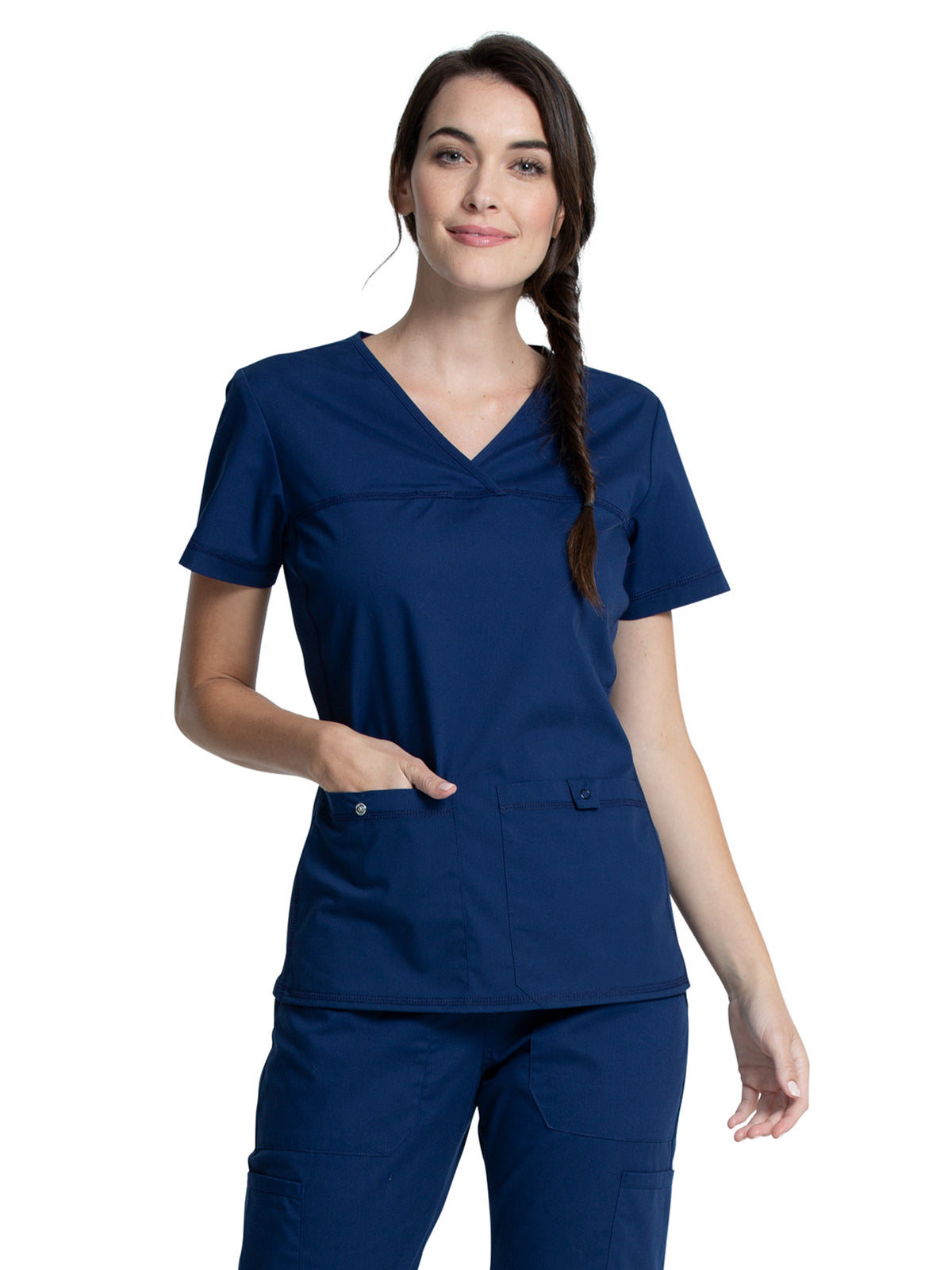 Women's 2-Pocket Knit Panel V-Neck Scrub Top - WW2968 - Navy