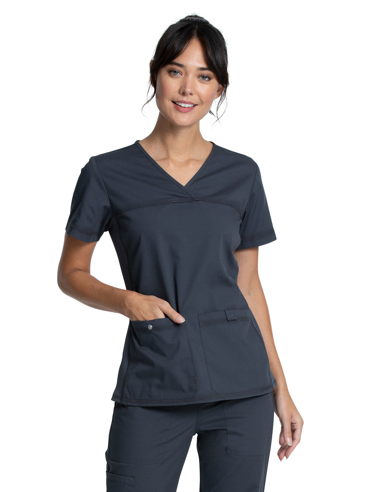 Women's 2-Pocket Knit Panel V-Neck Scrub Top - WW2968 - Pewter