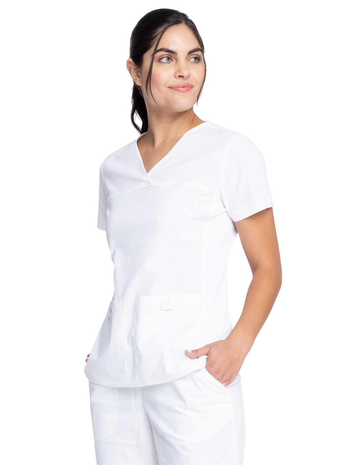 Women's 2-Pocket Knit Panel V-Neck Scrub Top - WW2968 - White