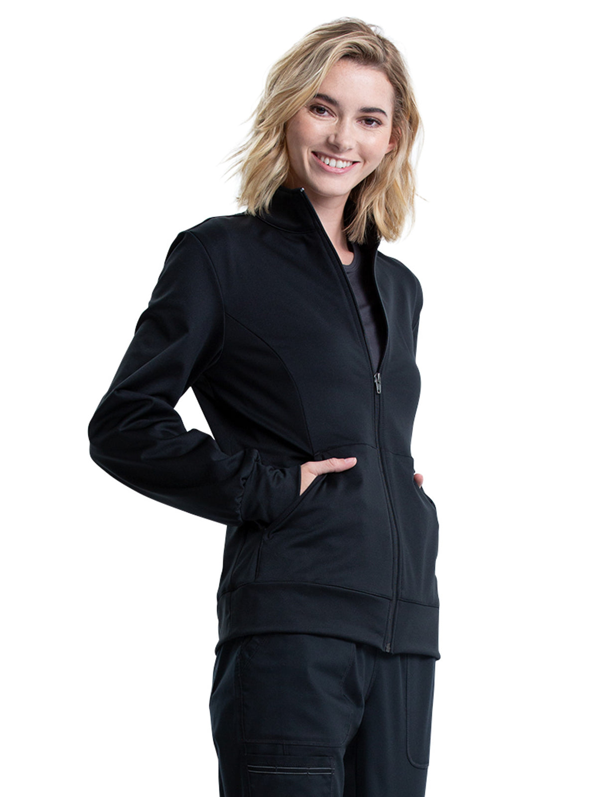 Women's 3-Pocket Zip Front Knit Scrub Jacket - WW371 - Black