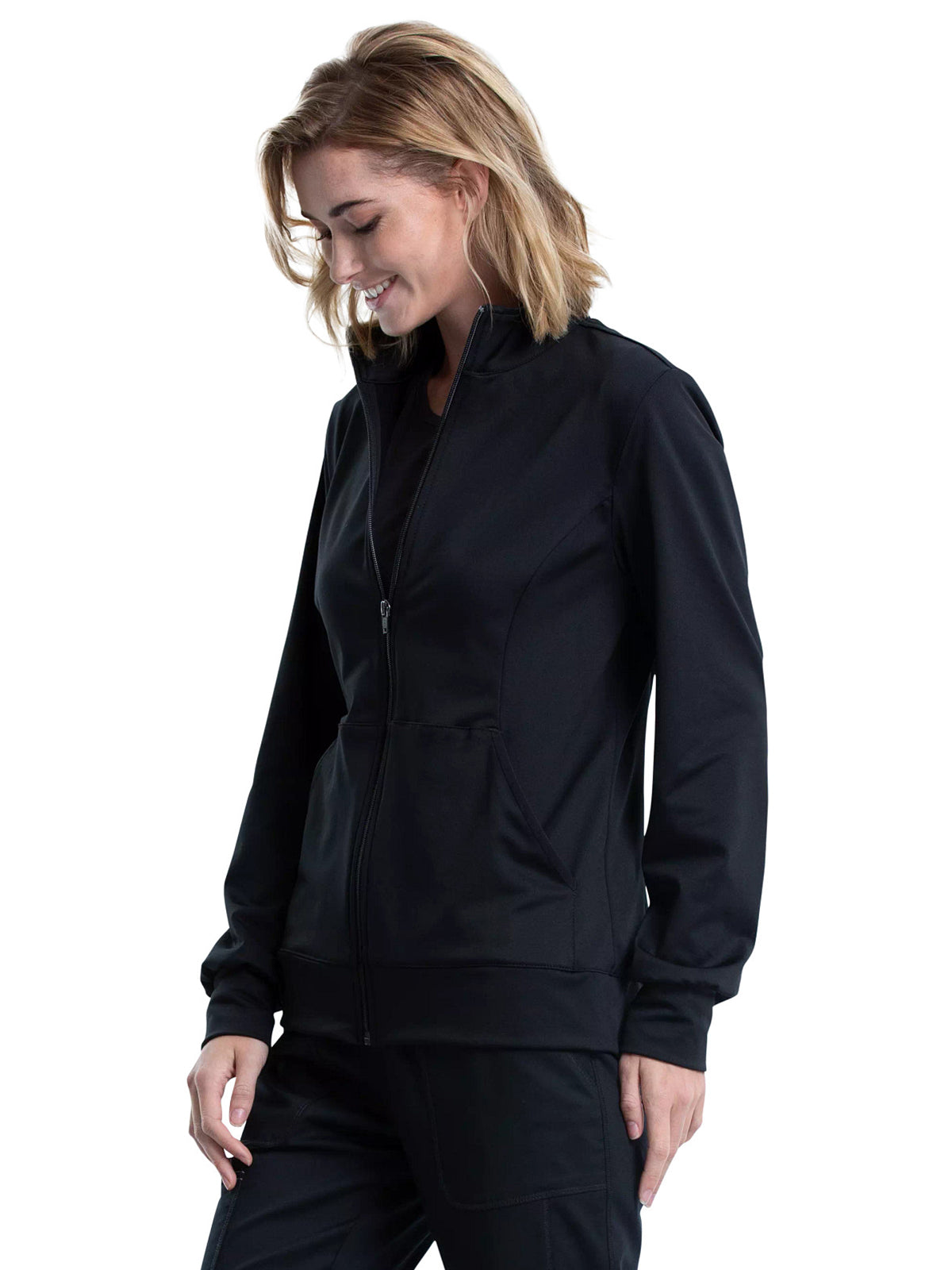 Women's 3-Pocket Zip Front Knit Scrub Jacket - WW371 - Black