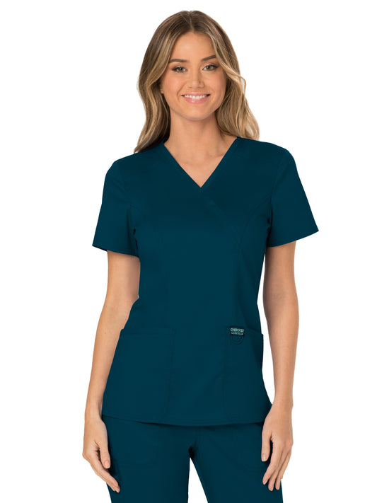 Women's 2-Pocket Mock Wrap Scrub Top - WW610 - Caribbean Blue