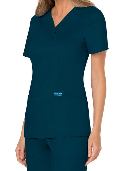 Women's 2-Pocket Mock Wrap Scrub Top - WW610 - Caribbean Blue