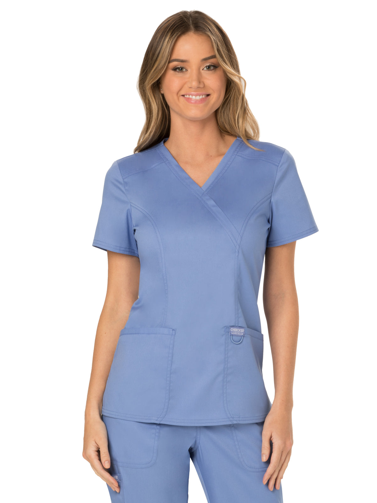 Women's 2-Pocket Mock Wrap Scrub Top - WW610 - Ciel