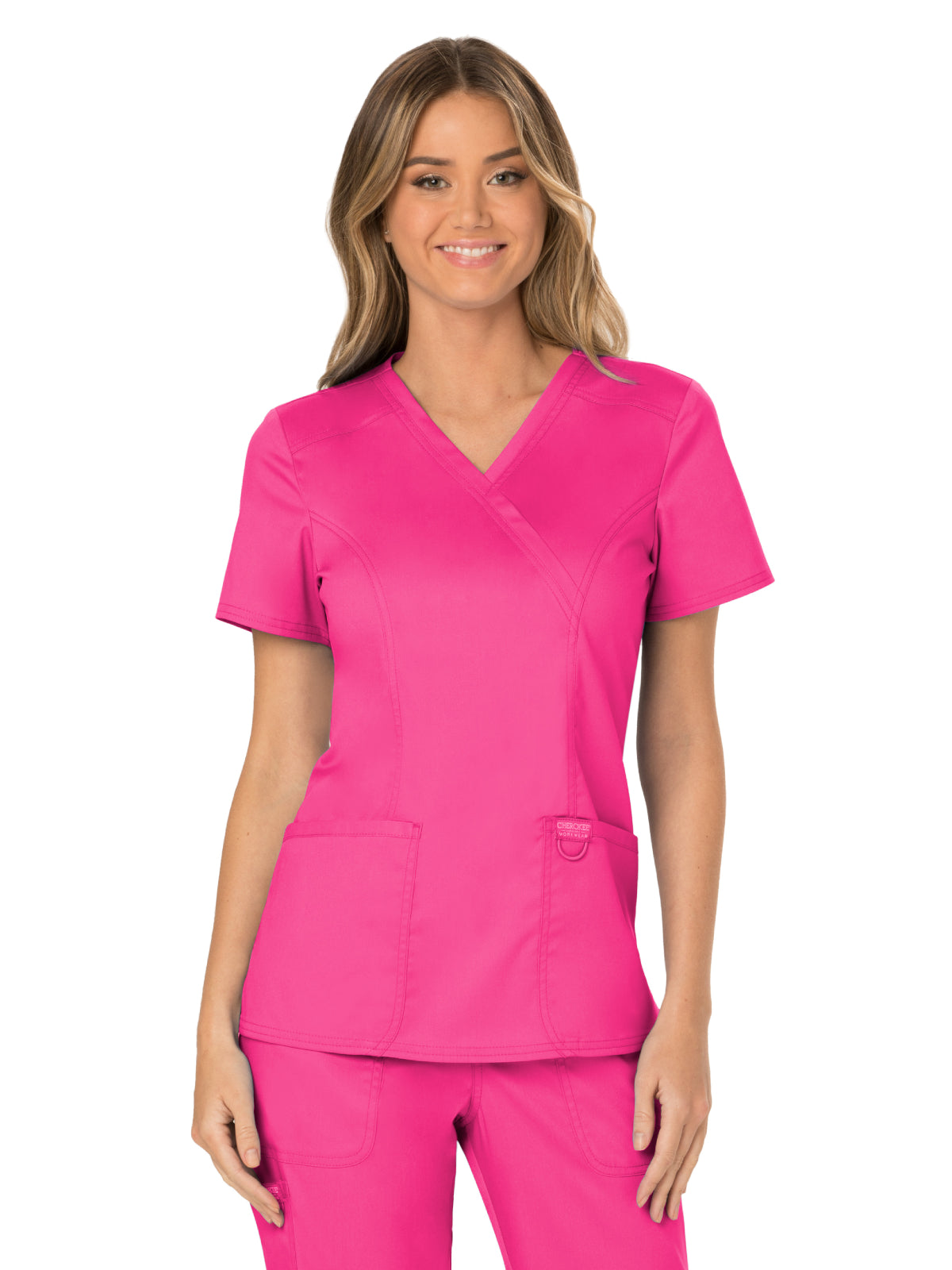 Women's 2-Pocket Mock Wrap Scrub Top - WW610 - Electric Pink