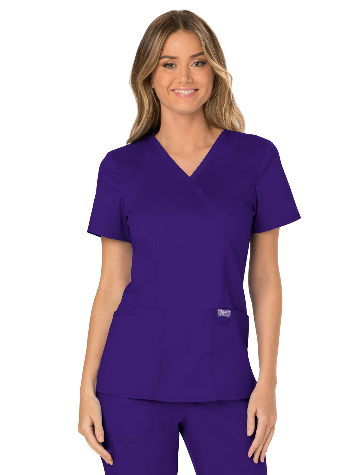 Women's 2-Pocket Mock Wrap Scrub Top - WW610 - Grape