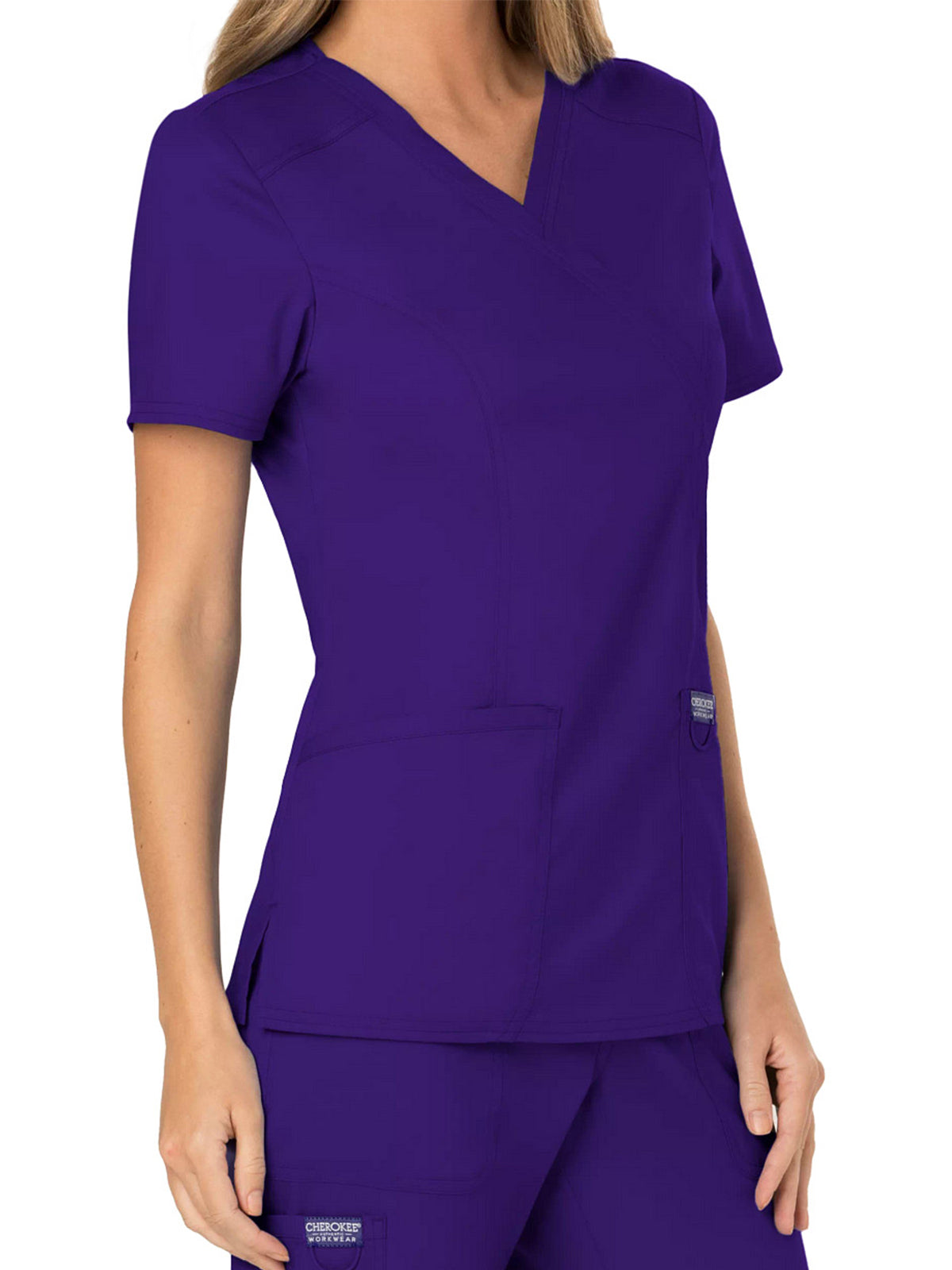 Women's 2-Pocket Mock Wrap Scrub Top - WW610 - Grape