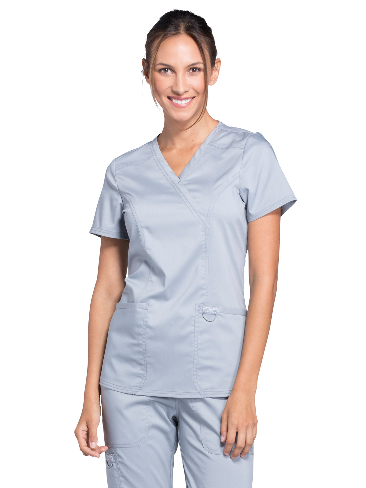 Women's 2-Pocket Mock Wrap Scrub Top - WW610 - Grey