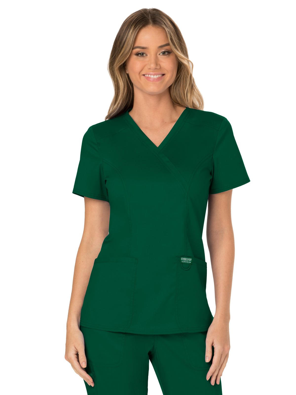 Women's 2-Pocket Mock Wrap Scrub Top - WW610 - Hunter Green