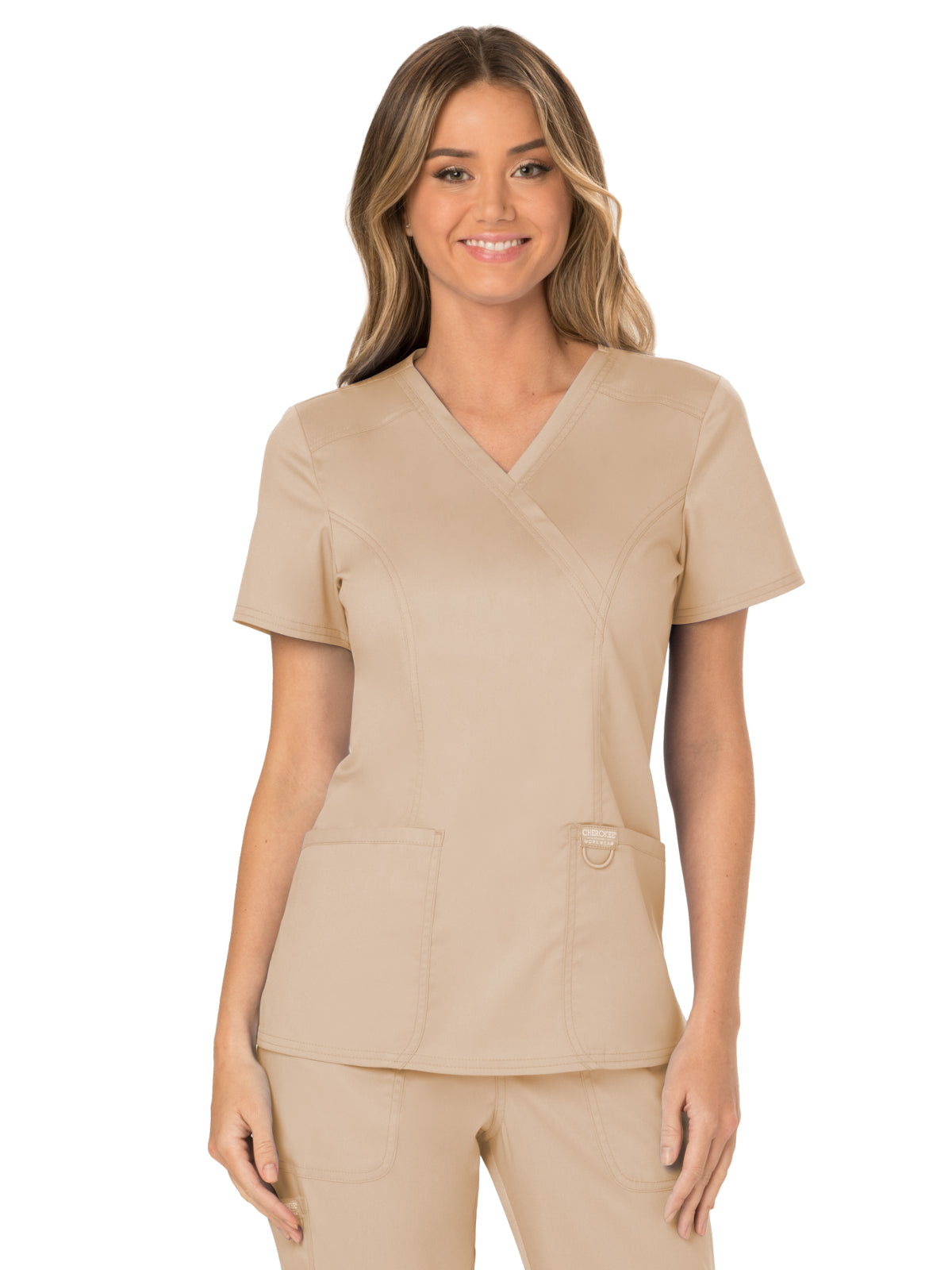 Women's 2-Pocket Mock Wrap Scrub Top - WW610 - Khaki