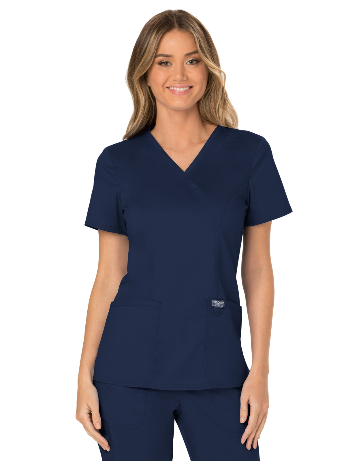 Women's 2-Pocket Mock Wrap Scrub Top - WW610 - Navy