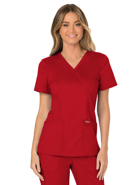 Women's 2-Pocket Mock Wrap Scrub Top - WW610 - Red