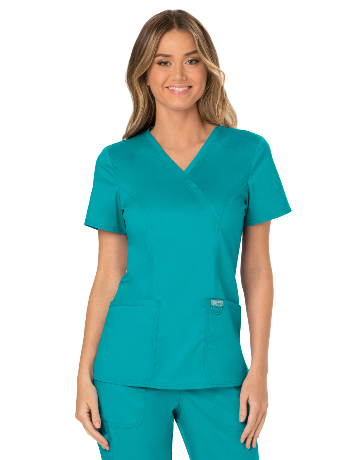 Women's 2-Pocket Mock Wrap Scrub Top - WW610 - Teal Blue