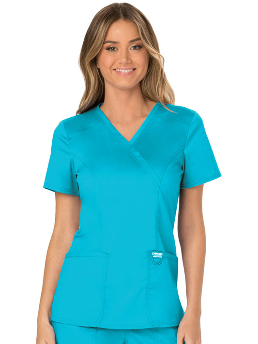 Women's 2-Pocket Mock Wrap Scrub Top - WW610 - Turquoise