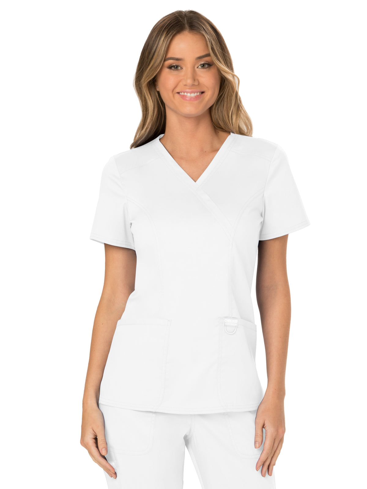 Women's 2-Pocket Mock Wrap Scrub Top - WW610 - White