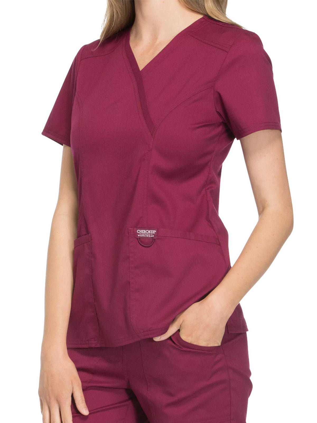Women's 2-Pocket Mock Wrap Top - WW610 - Wine