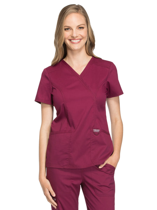 Women's 2-Pocket Mock Wrap Scrub Top - WW610 - Wine