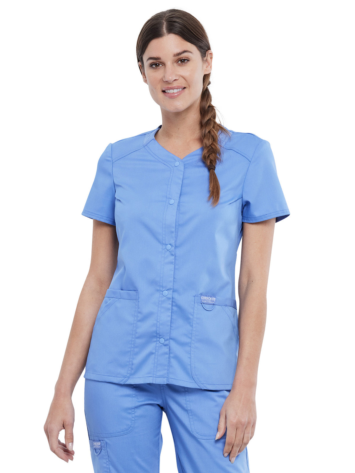 Women's 4-Pocket Snap Front V-Neck Scrub Top - WW622 - Ciel Blue