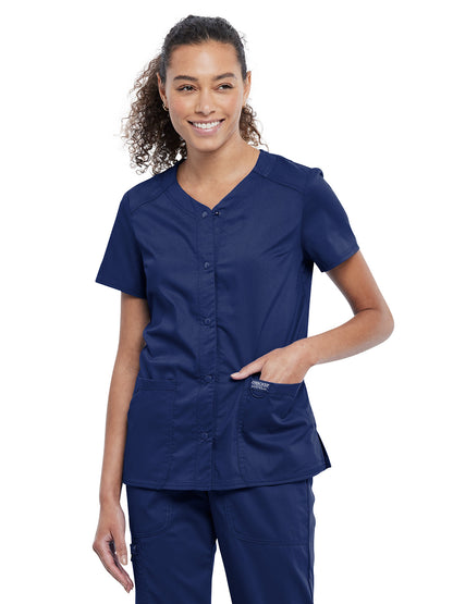 Women's 4-Pocket Snap Front V-Neck Scrub Top - WW622 - Navy