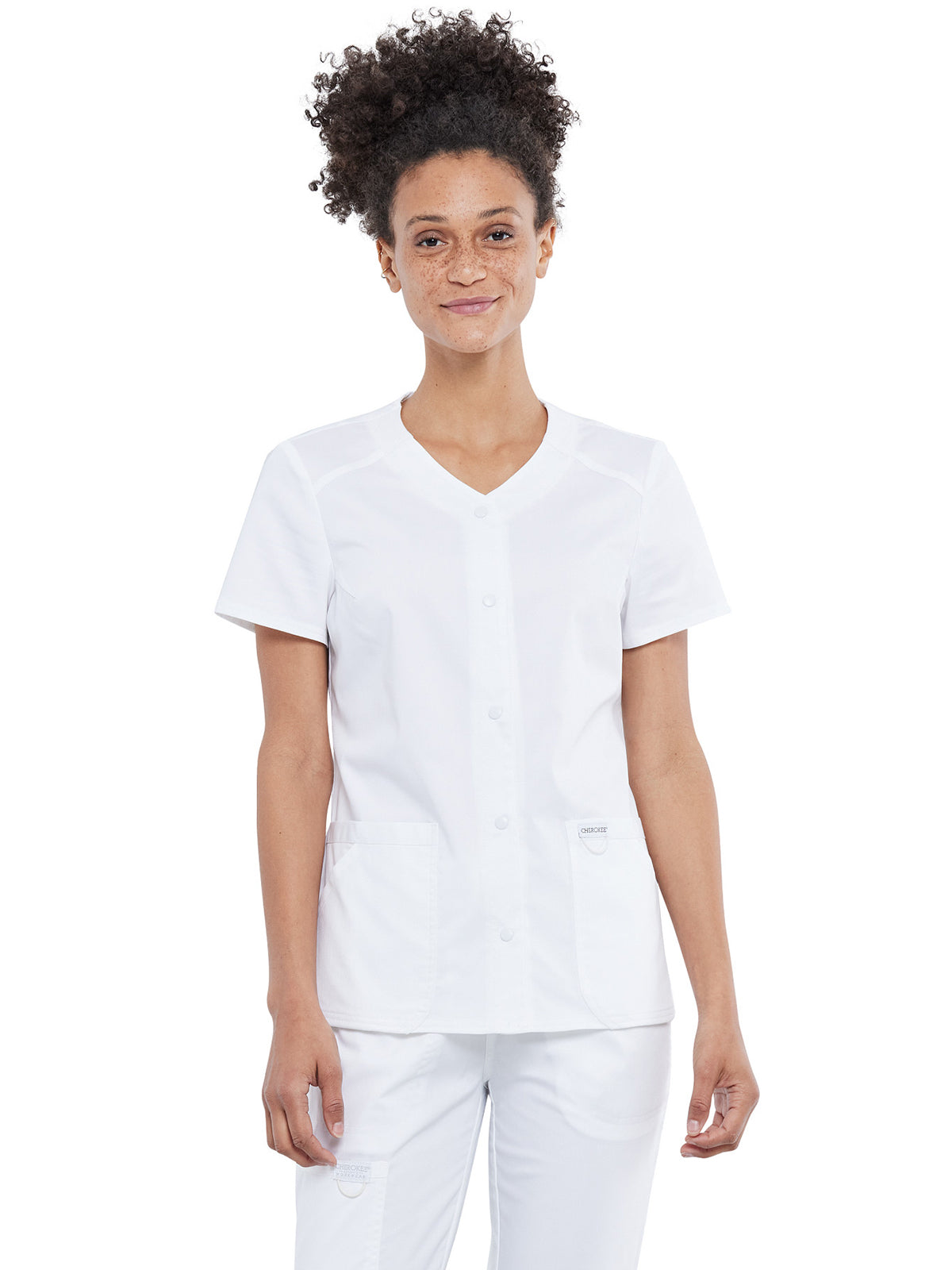 Women's 4-Pocket Snap Front V-Neck Scrub Top - WW622 - White